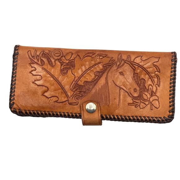 Vintage Hand Tooled Leather Wallet Horse Acorns Embossed Bifold Whip Stitched 8" - Picture 1 of 15